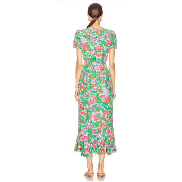 RHODE Lulani Dress White Fleur Tropicale Ruffle Hem Midi Green Floral Dress 4 - Picture 2 of 10